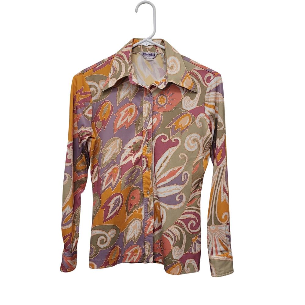 Elles Belle Vintage 70s Psychedelic Disco Floral Button Up Shirt Mod Costume